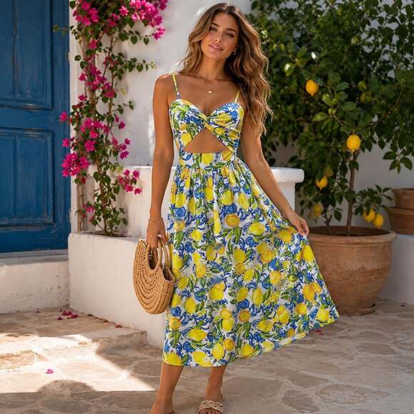 SHEIN Dresses & Skirts - Shein Women’s Lemon Print Cut Out Sundress Yellow Blue Size 2 XS Summer Dress